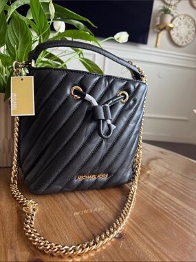 Michael Kors Black Quilted Leather Shoulder Bag with Gold Chain